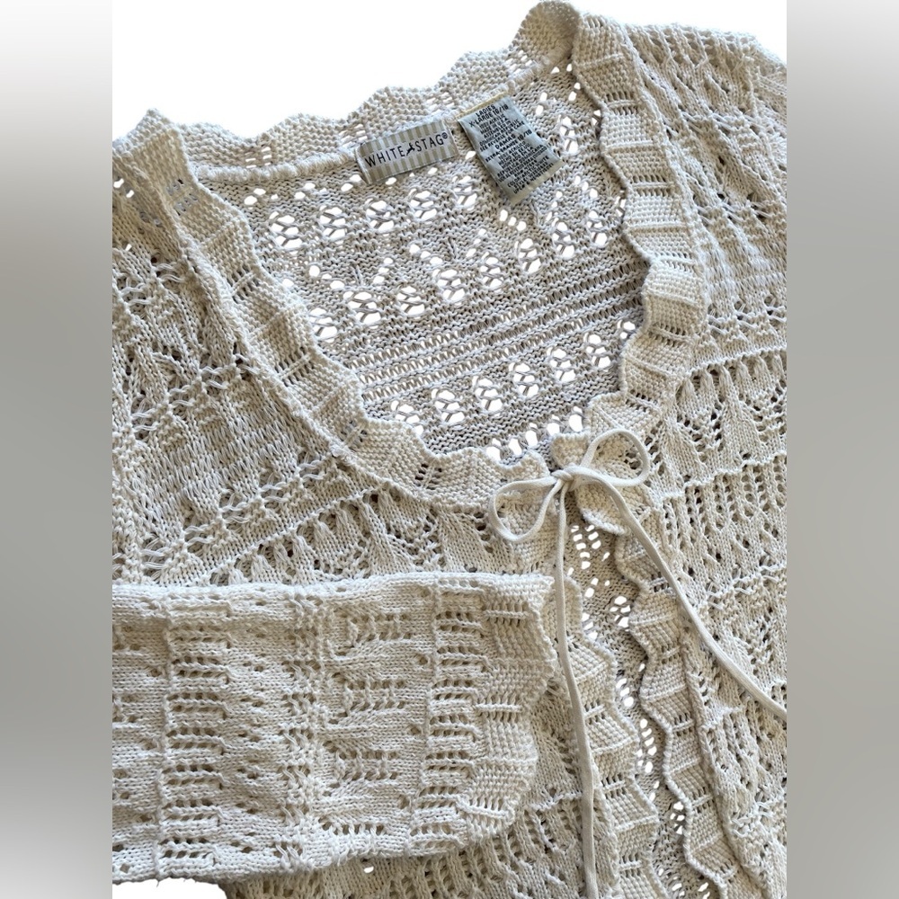 Vintage White Stag Tie Front Sweater Women’s XL Cottagecore Coquette 90s Grandma